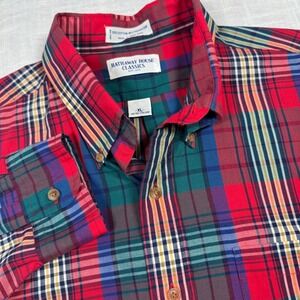 VTG 90 Hathaway House Classics Men XL Red Plaid Button Down Shirt Festive Preppy